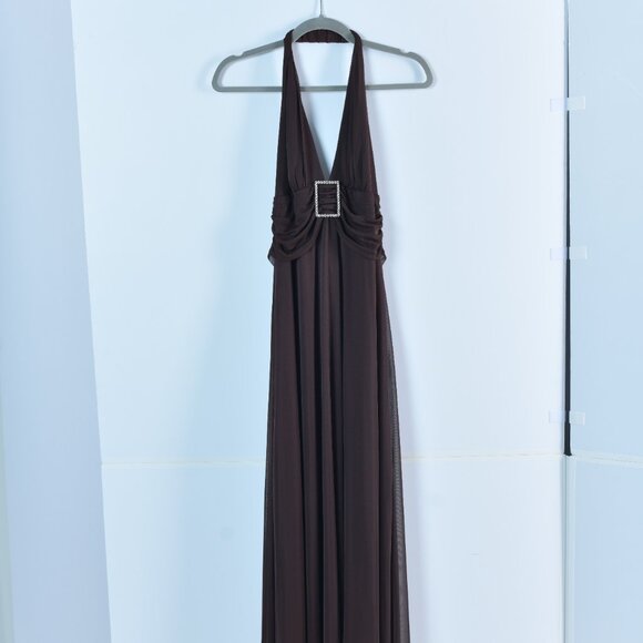 V-Neck Long Gown with center broach, Chocolate Brown - Picture 4 of 6